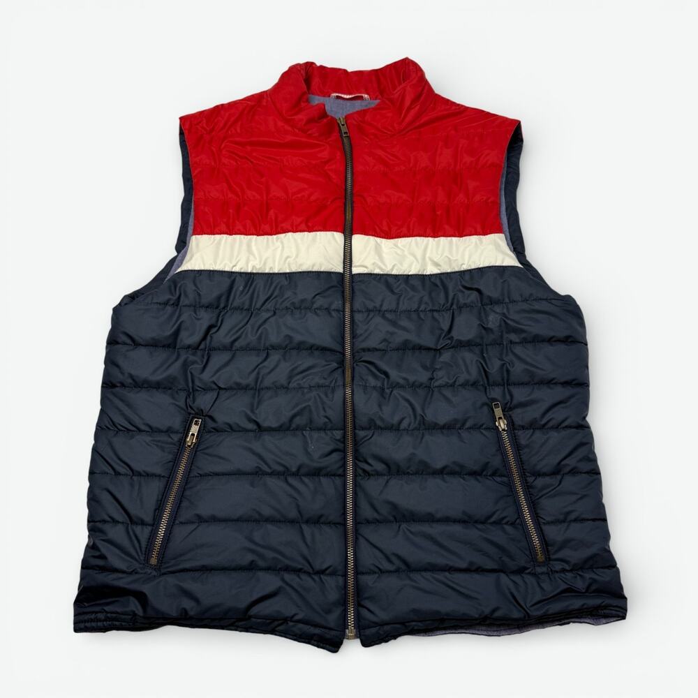 El Ganso Vest Mens XL Red White Blue Striped Puffer Zip Pockets Lightweight